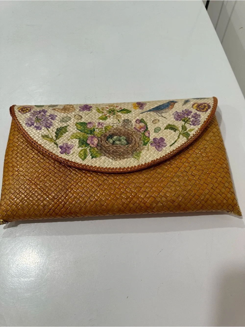 Woven Tan and Cream Floral Clutch with bird,floral,nature design 12”x7.5”x1